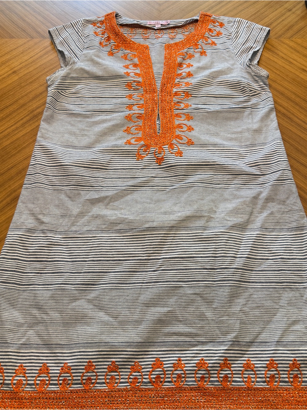 Calypso St. Barth  Striped Dress with Orange Embroidery